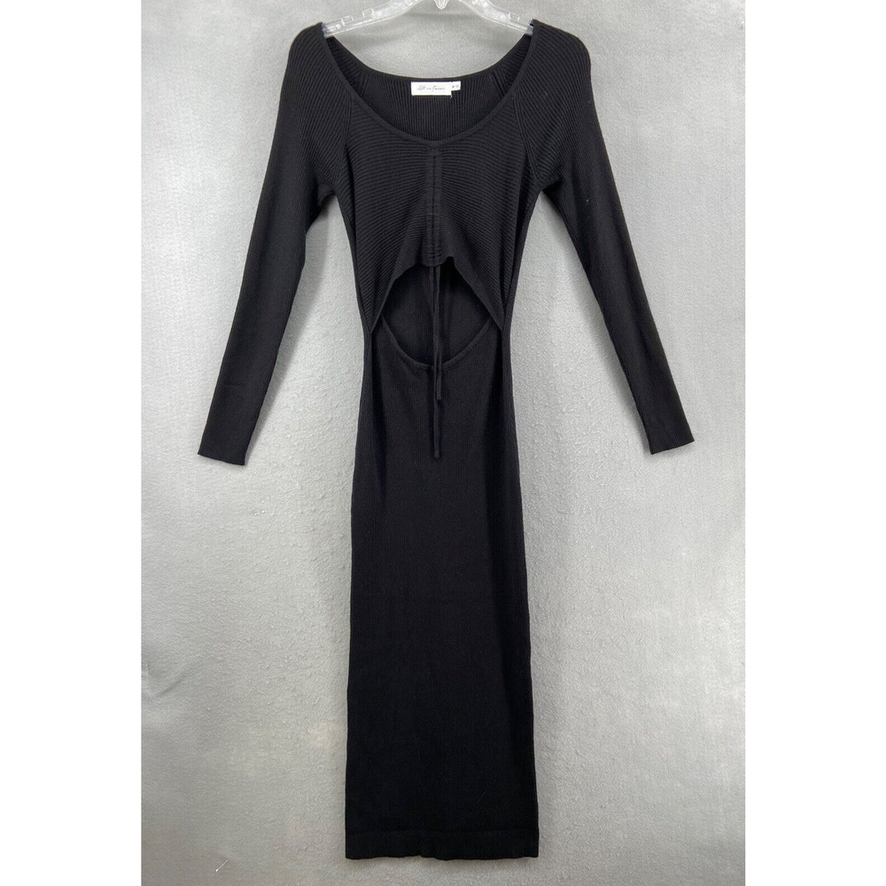 ALL IN‎ FAVOR Dress Sz M Black Gathered Front Cutout Long Sleeve Rib Midi